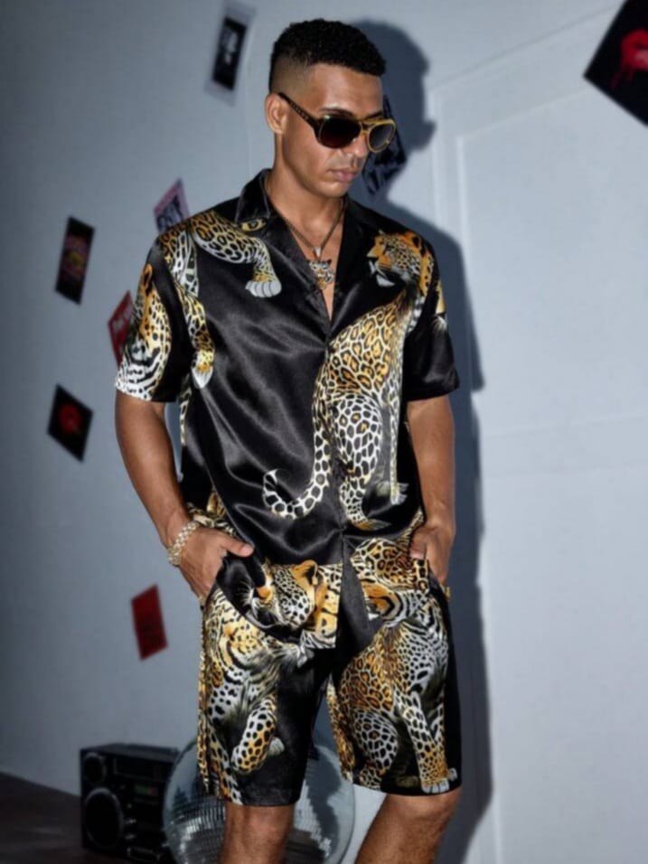 Feline Nytelife Fashionable Casual Leopard Print Elastic Waist Short Sleeve Shirt & Shorts Sleepwear Set
